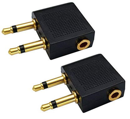 Dual 3.5mm (1/8") Male to 3.5mm Female AUX Audio Jack Adapter Converter for Using Headphone on Airplane Airline Flight (2 Pack)