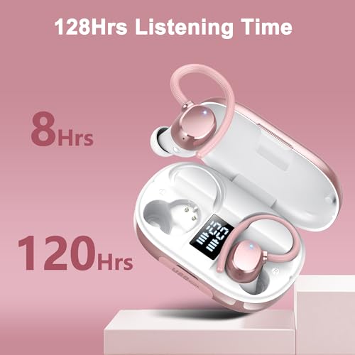 Ear buds Wireless Bluetooth Earbuds Sport 2026 NEW Bluetooth 5.3 Headphones with LED Display 128H Playtime Powerful Bass Over Ear Earphones with Earhooks IP7 Waterproof for Gym/Running/Workout - color: Rosegold