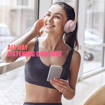 KVIDIO Bluetooth Headphones Wireless Over Ear Headsets 65H Playtime | Deep Bass, HiFi Stereo, Bluetooth 6.0, Microphone, Comfortable Fit, Foldable, Lightweight, Low Latency for Travel Home Office - color: Pink