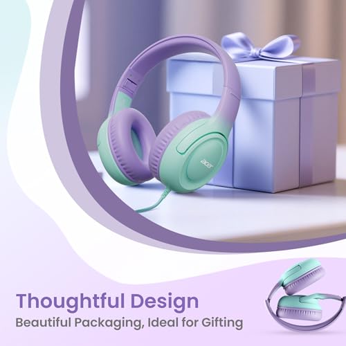 Acer Kids Headphones for School, 85-94dB Limiter, 3.5mm Jack, w/Mic HK03 | Foldable Wired Over Ear Headphones, for Toddler School/Travel/iPad/Tablet, Purple-Green Gradient - color: Green-Purple Gradient