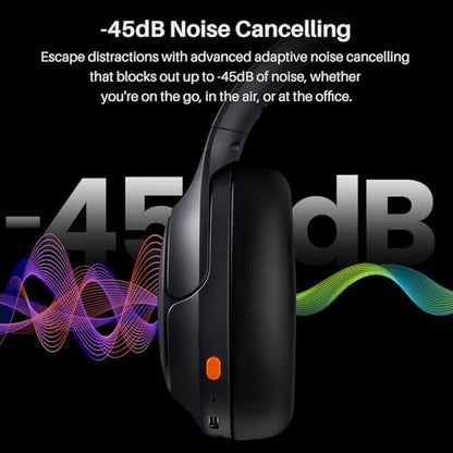 TOZO HT3 Hybrid Noise Cancelling Wireless Headphones, 90H Over Ear Headset | Hi Res Audio, AI Voice Assistant, Dual Device Connection, 32 Custom EQs, Built In 5 Mics, ANC, Foldable with Case - color: Black