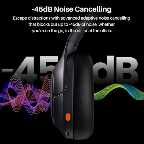 TOZO HT3 Hybrid Noise Cancelling Headphones, 90H Playtime Wireless Over Ear Bluetooth Headset，USB-C to USB-A Charging Cable Supports 480Mbps