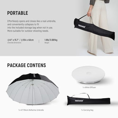 NEEWER 41"/104cm Parabolic Reflective Umbrella Photography with White Inner, Soft Lighting with Diffuser Cover, Bag, Quick Fold for Camera Photo Studio Video Light Shooting Monolight Flash, NS1U - color: White, size: 41"