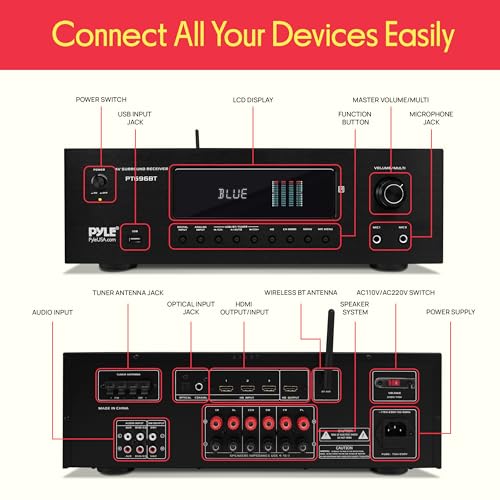 Pyle 1000W Bluetooth Home Theater Receiver - 5.2 Channel Surround Sound Stereo Amplifier System with 4K Ultra HD, 3D Video & Blu-Ray Video Pass-Through Supports, HDMI/MP3/USB/AM/FM Radio - Pyle, Black