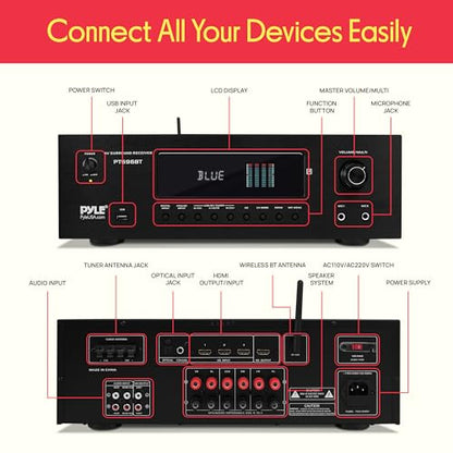 Pyle 1000W Bluetooth Home Theater Receiver - 5.2 Channel Surround Sound Stereo Amplifier System with 4K Ultra HD, 3D Video & Blu-Ray Video Pass-Through Supports, HDMI/MP3/USB/AM/FM Radio - Pyle, Black
