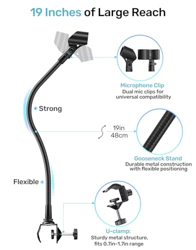 19-In Gooseneck Mic Holder Stand, Clip on Mic Stand with Super Crab Clamp | 5/8-3/8 Adapter, Compatible with Shure, Pyle, Blue Snowball, Razer, Flexible Mic Arm Mount for Music Performance, Sturdy Clip