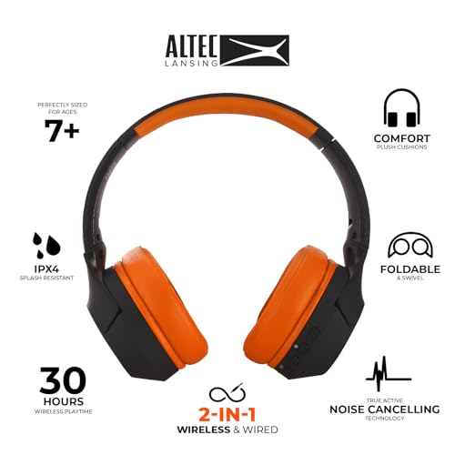 Altec Lansing Kid Safe Noise Cancelling Wireless Headphones 15H Battery, 85dB Volume Limit, Foldable Design Powerful Sound, Active Noise Cancellation Perfect for Kids Ages 7+ - color: Black/Orange