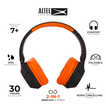 Altec Lansing Kid Safe Noise Cancelling Wireless Headphones 15H Battery, 85dB Volume Limit, Foldable Design Powerful Sound, Active Noise Cancellation Perfect for Kids Ages 7+ - color: Black/Orange
