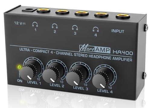HA400 Headphone Amplifier 4 Channel Metal Stereo Audio Amplifier | Mini Earphone Audio Amplifier, 12V 1A Power Adapter, 1/4" TRS Headphones Output, TRS Audio Input, PC Guitar Studio Stage
