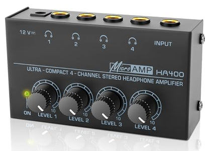 HA400 Headphone Amplifier 4 Channel Metal Stereo Audio Amplifier | Mini Earphone Audio Amplifier, 12V 1A Power Adapter, 1/4" TRS Headphones Output, TRS Audio Input, PC Guitar Studio Stage