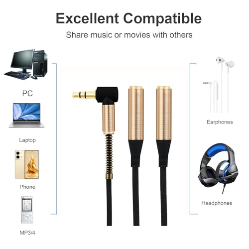 Audio Splitter Cable,Haokiang Gold Plated 90 Degree Right Angle 3.5mm Male to 2 Female Jack Headphone Audio Stereo Y Splitter Adapter Cable for Tablets, MP3 Players (Gold) - color: Gold