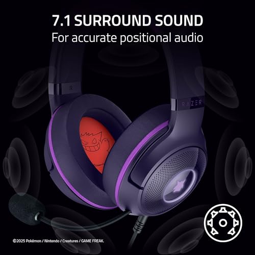 Razer Kraken Kitty V2 USB Wired Headset: Gengar Spikes - Stream Reactive Lighting - HyperClear Cardioid Mic - 40 mm Drivers - 7.1 Surround Sound - Comfortable Ear Cushions - Pokemon Gengar Edition - color: Pokemon Gengar Edition