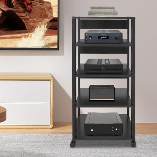 5-Tier Adjustable AV Media Stand with Wheels, Heavy Duty Audio-Video Media Rack, Amplifier, DVD Player Equipment Shelf, Home Theater Storage