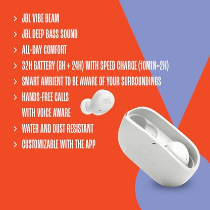JBL Vibe Buds - True Wireless Earbuds - White | JBL Deep Bass Sound, Comfortable fit, Up to 32h (8h buds + 24h case) with speed charging - color: White