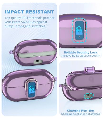 [Upgrade Secure Lock] for Beats Solo Buds 2024 Case Cover with Cleaner Kit, AGENTNANO Clear TPU Shockproof Protective Cover Compatible with Beats Solo Buds Charging Case with Carabiner-Clear Purple - color: Clear Purple