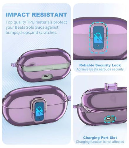 [Upgrade Secure Lock] for Beats Solo Buds 2024 Case Cover with Cleaner Kit, AGENTNANO Clear TPU Shockproof Protective Cover Compatible with Beats Solo Buds Charging Case with Carabiner-Clear Purple - color: Clear Purple