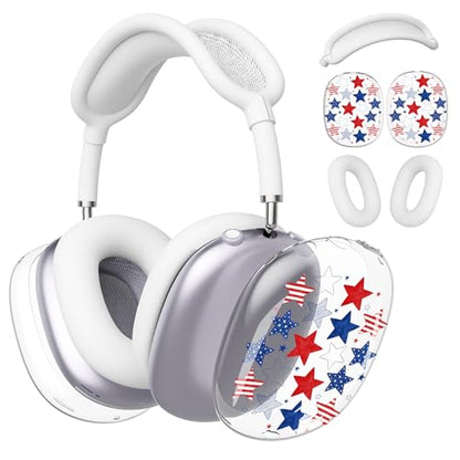 for AirPods Max 2/1 Headphones 4th of July Patriotic Ear Covers | America Stars Clear Ear Cups Cover | White Silicone Ear Pad Case Headband Cover for Apple AirPods Max 2/1 (2026/2024/2020) - color: America Stars E