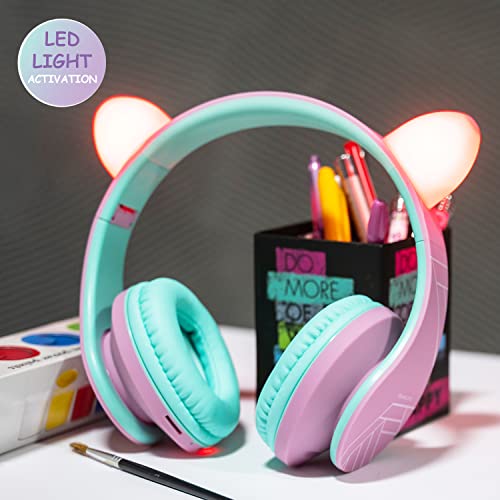 PowerLocus Kids Headphones Over-Ear, Bluetooth Wireless Headphones for Kids,with Microphone, Safe 85DB Volume Limited, Foldable with Carry Case, Audio Cable, Micro SD mode for Online Classes,PC,Phones - color: Pink/Teal