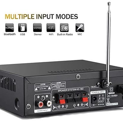 Facmogu 298A 2채널 블루투스 5.0 오디오 앰프 300W 무선 앰프 | FM, AUX, USB, SD, 마이크 입력이 있는 스테레오 수신기 | 트레블 및 베이스 포함 | 홈 시어터 스피커, 노래방, 차고용 - style: 최대 300Wx2