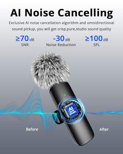 Mini Microphone for iPhone Android - Wireless Lavalier Microphone USB-C Lightning, Noise Cancelling Clip On Mic, 65ft Range, 12H Battery for Video Recording TikTok YouTube Content Creators - size: 2TX1RX without ChargingCase