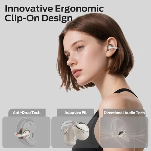 Monster Open Ear AC225 Earbuds, Stereo Sound, Bluetooth 6.0 Open Ear Headphones, Lightweight Comfort Clip-On Earbuds with ENC Mic for Clear Calls, 36H Playtime, Touch Control, IPX6 Waterproof, White