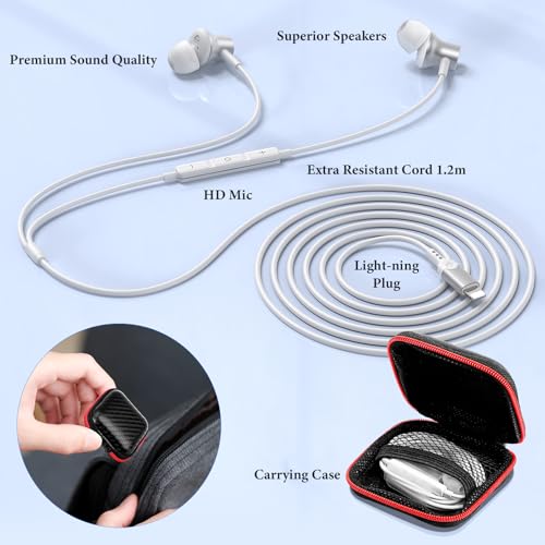 ACANDYA MFi-Certified Wired Headphones for Apple iPhone 14 13 Pro XR Silver | Lighting Earbuds for iPhone 12 Pro 11 XS Max XS SE 7 8 Plus Earphones Built-in Microphone Volume Control Magnetic Headsets - color: Silver