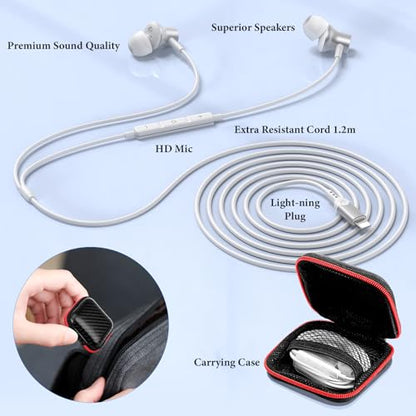 ACANDYA MFi-Certified Wired Headphones for Apple iPhone 14 13 Pro XR Silver | Lighting Earbuds for iPhone 12 Pro 11 XS Max XS SE 7 8 Plus Earphones Built-in Microphone Volume Control Magnetic Headsets - color: Silver
