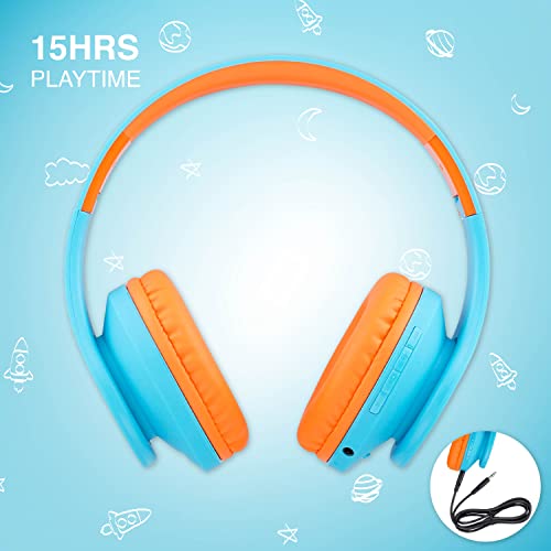 PowerLocus Kids Headphones Over-Ear, Bluetooth Wireless Headphones for Kids,with Microphone, Safe 85DB Volume Limited, Foldable with Carry Case, Audio Cable, Micro SD mode for Online Classes,PC,Phones - color: Blue/Orange