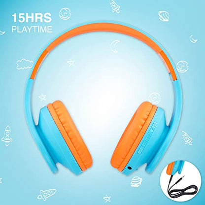 PowerLocus Kids Headphones Over-Ear, Bluetooth Wireless Headphones for Kids,with Microphone, Safe 85DB Volume Limited, Foldable with Carry Case, Audio Cable, Micro SD mode for Online Classes,PC,Phones - color: Blue/Orange