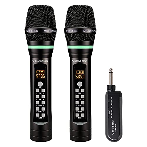Sound Town 100-Channel UHF Rechargeable Wireless Handheld Microphone System with Built-in Effects, 1/4" Mini Portable Receiver for Karaoke, Events, Church, Meetings (SWM01-U2HH) - size: 100-Channel UHF with 2 Handheld Mics