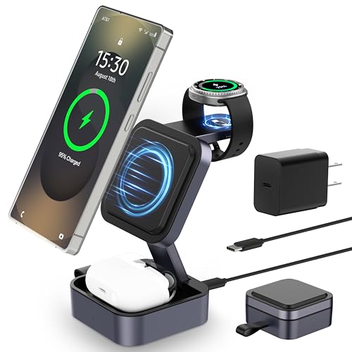 3 in 1 Charging Station for Samsung, Foldable Wireless Charger Station, Travel Magnetic Fast Charger Stand for Galaxy S26-S21/Z Fold/Flip Series, Galaxy Watch Ultra/8-5 & Galaxy Buds Pro/3/2 Series
