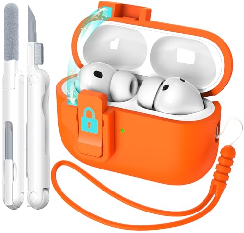 R-fun for AirPods Pro 3 Case Liquid Silicone with Lock, Orange | Magnetic Lid, Compatible with Apple AirPods Pro 3rd Generation with Strap & Cleaner Kit, MagSafe Compatible - color: C-Orange