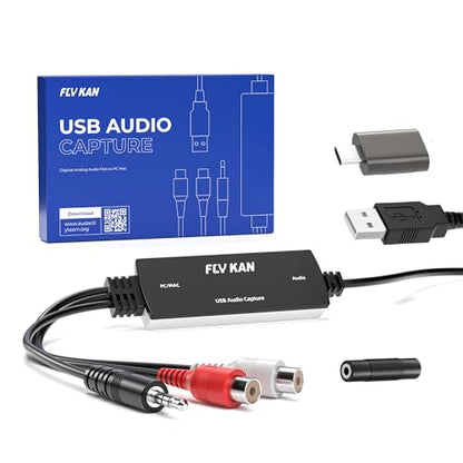 USB 2.0 Audio Grabber with USB-C Adapter – Analog to Digital Converter, Dual RCA/3.5mm Inputs, Vinyl/Cassette to MP3 USB Capture Card for PC/Mac/Linux