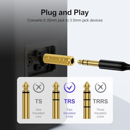 [2-Pack] 1/8" to 1/4" Headphone Adapter, Gold-Plated 3.5mm Audio Converter | 3.5mm to 6.35mm TRS Stereo Jack for Guitar, Amplifier, Mixer, Piano, Speaker & Home Studio Gear