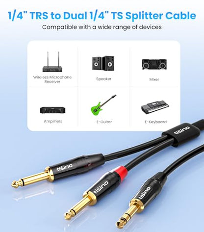 tisino 1/4 inch TRS Stereo to Dual 1/4 inch TS Mono Insert Cable Y-Splitter Stereo Breakout Cable Patch Cord - 10 feet - size: 10 feet