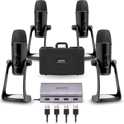 Movo 4-Person USB Podcast Equipment Bundle – 4 Condenser Mics, Hub & Case - color: Black