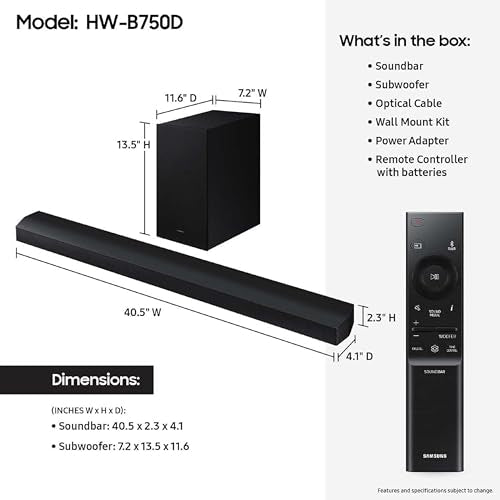 Samsung HW-B750D/ZA 5.1 ch Soundbar w/ Dolby Audio, Surround Sound expansion, Bass Boost, Adaptive Sound, DTS Virtual:X, Wireless Subwoofer, 2024 - style: HW-B750D