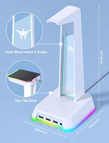 PHNIXGAM RGB Headphone Stand with 3.5mm AUX and 3 Port USB 2.0 Hub, White