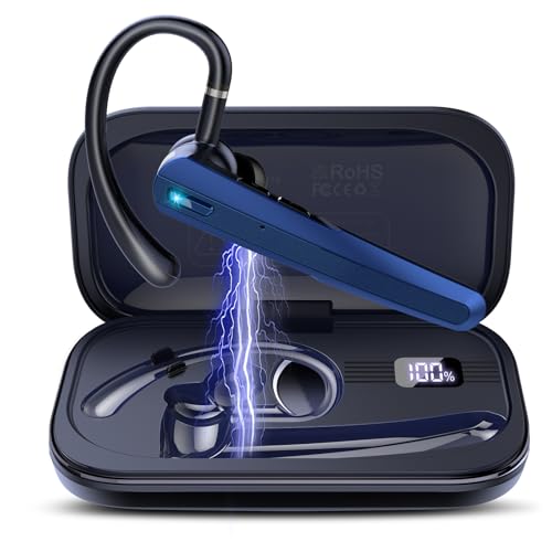 Bluetooth Headset V5.3, Wireless Headset with ENC Noise Canceling Mic | 120Hrs Talk Single-Ear Bluetooth Earpiece, LED Display, IP7 Waterproof Hand-Free Earphone for Business/Trucker, Dark Blue - color: Dark Blue