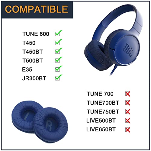 Headphones Replacement Earpads for JBL Tune 600/ T450/ T450BT/ T500BT/ JR300BT/ E35, Ear Pad Replacement Cushions with Protein Leather & Memory Foam - color: Blue