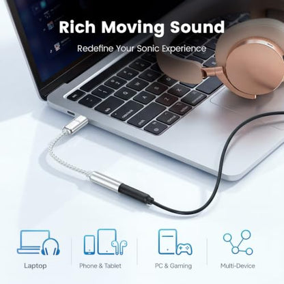 VUM USB-C to 3.5mm Headphone Jack Hi-Res DAC & AMP Dual Chip Audio Adapter | 32-bit/384kHz DAC,5N OCC Silver Plated Cable,24K Gold-Plated Connector,CX31993 & MAX97220 Chipset,TRRS HD Mic Input Supported