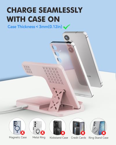 3-in-1 Charging Station for Samsung, Foldable Wireless Charger Stand | Android Phone and Watch Charger for Samsung S26/S25/S24/S23/S22/S21, Note 20/10, Z Fold 6/5, Galaxy Buds and Watch-Pink - color: Pink