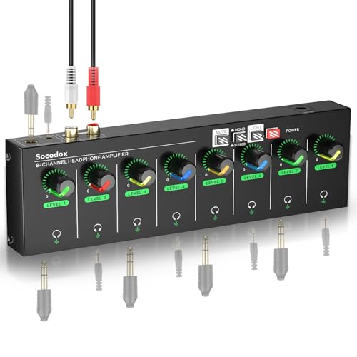 8 Channel Headphone Amplifier, 16 Outputs Stereo Audio Amplifier | Metal Headphone Amp with 1/4", 1/8" & RCA Inputs, RGB Volume Control, Stereo/Mono Switch for Studio, Podcast, Streaming - size: M