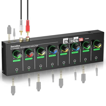 8 Channel Headphone Amplifier, 16 Outputs Stereo Audio Amplifier | Metal Headphone Amp with 1/4", 1/8" & RCA Inputs, RGB Volume Control, Stereo/Mono Switch for Studio, Podcast, Streaming - size: M