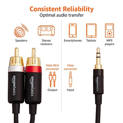 Amazon Basics 3.5mm Stereo Audio Cable to 2 RCA Adapters for Amplifiers, Smartphone, Tablet, Active Speakers with Corrosion-Resistant Gold-Plated Plugs, 25 Feet/7.6 m, Black - size: 25 Feet