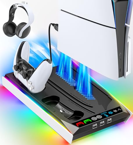 PS5/Slim/Pro Stand for Disc & Digital Console, PS5 Cooling & Charging Station with RGB Lights, PS5 Controller Charger Built-in 3 Level & AUTO Adjustable Fan, Accessories for PlayStation 4 Chargers - color: Black & White