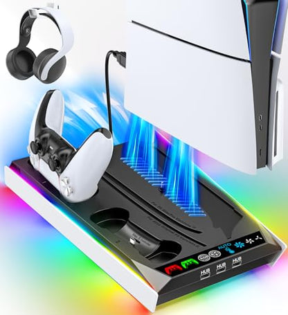 PS5/Slim/Pro Stand for Disc & Digital Console, PS5 Cooling & Charging Station with RGB Lights, PS5 Controller Charger Built-in 3 Level & AUTO Adjustable Fan, Accessories for PlayStation 4 Chargers - color: Black & White