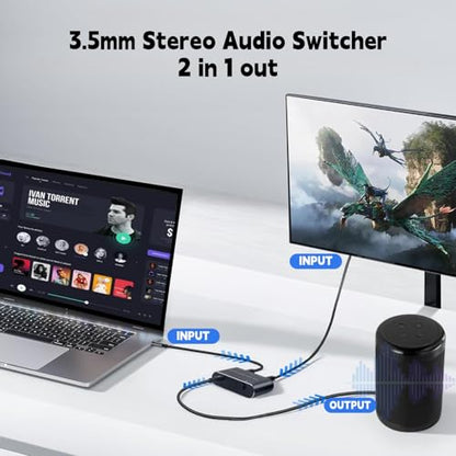 Audio Switch 3.5mm Bi-Direction Switch,Stereo Audio Switcher 2 in 1/1 in 2 Out,A udio Swit ch Headphone Manual Selector Splitter for Phone PC Laptop Headphone(Black)