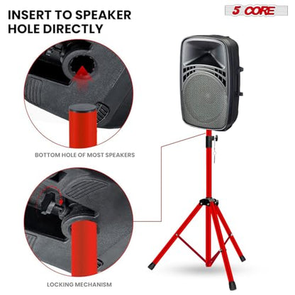 5 Core Speaker Stand Pair Universal Mount Steel Construction 132 Lb Capacity Stable Tripod w/Adjustable Height 36” w 35mm Compatible Insert Metal Safety Pin Included Bag - color: RED
