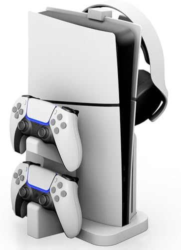 NBCP PS5 Stand with Controller Charging Station - Silent Fanless Design Vertical Stand for PlayStation 5 Slim - Dual Controller Charger with Headphone Holder - color: B